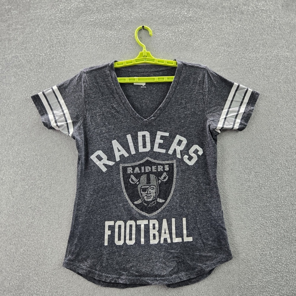 Las Vegas Raiders Women Shirt M Gray Striped Sleeves Logo V-Neck  READ